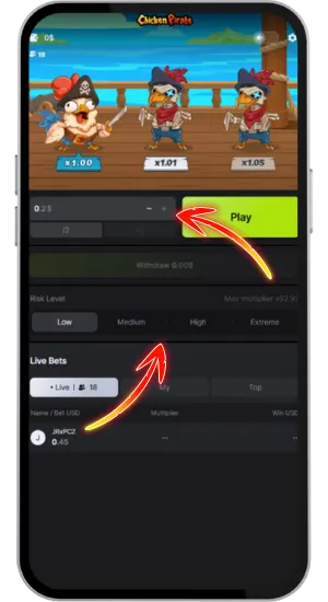 Bet between 0.1 AUD and 150 AUD and set your challenge level.